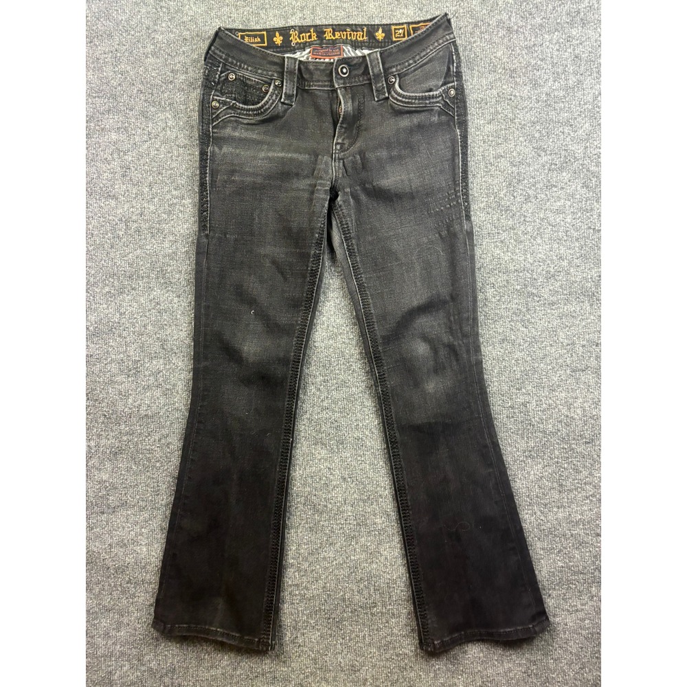 Rock Revival Eilish Bootcut Jeans Womens 27 Black Mid-Rise Faded Fleur-De-Lis